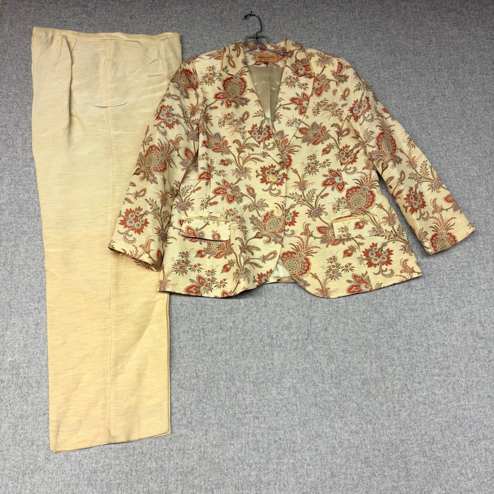 Bergamo by EBI Pant Suit Set Size 18 Beige Floral Paisley Linen Silk Suit Set